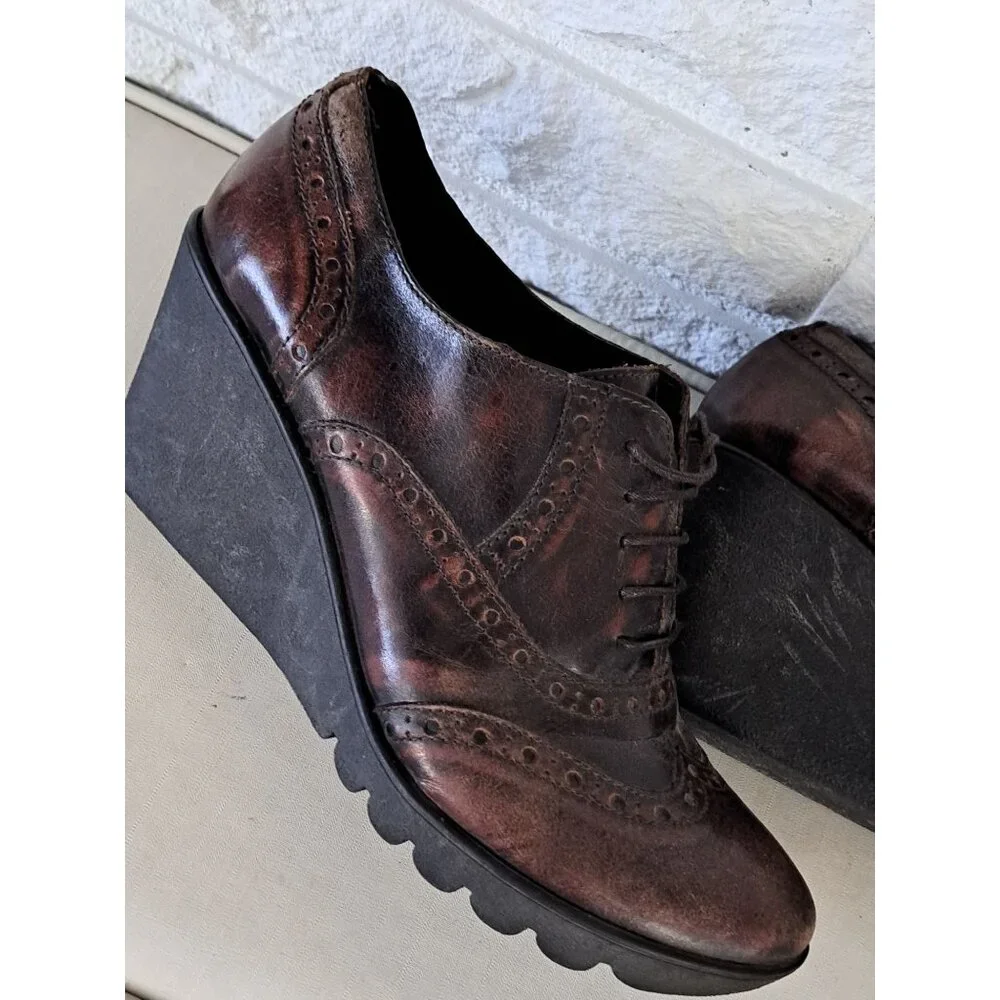 Sesto Meucci Women's 8.5 Wingtip Brown Leather Lace-Up Wedge Shoes Brogue